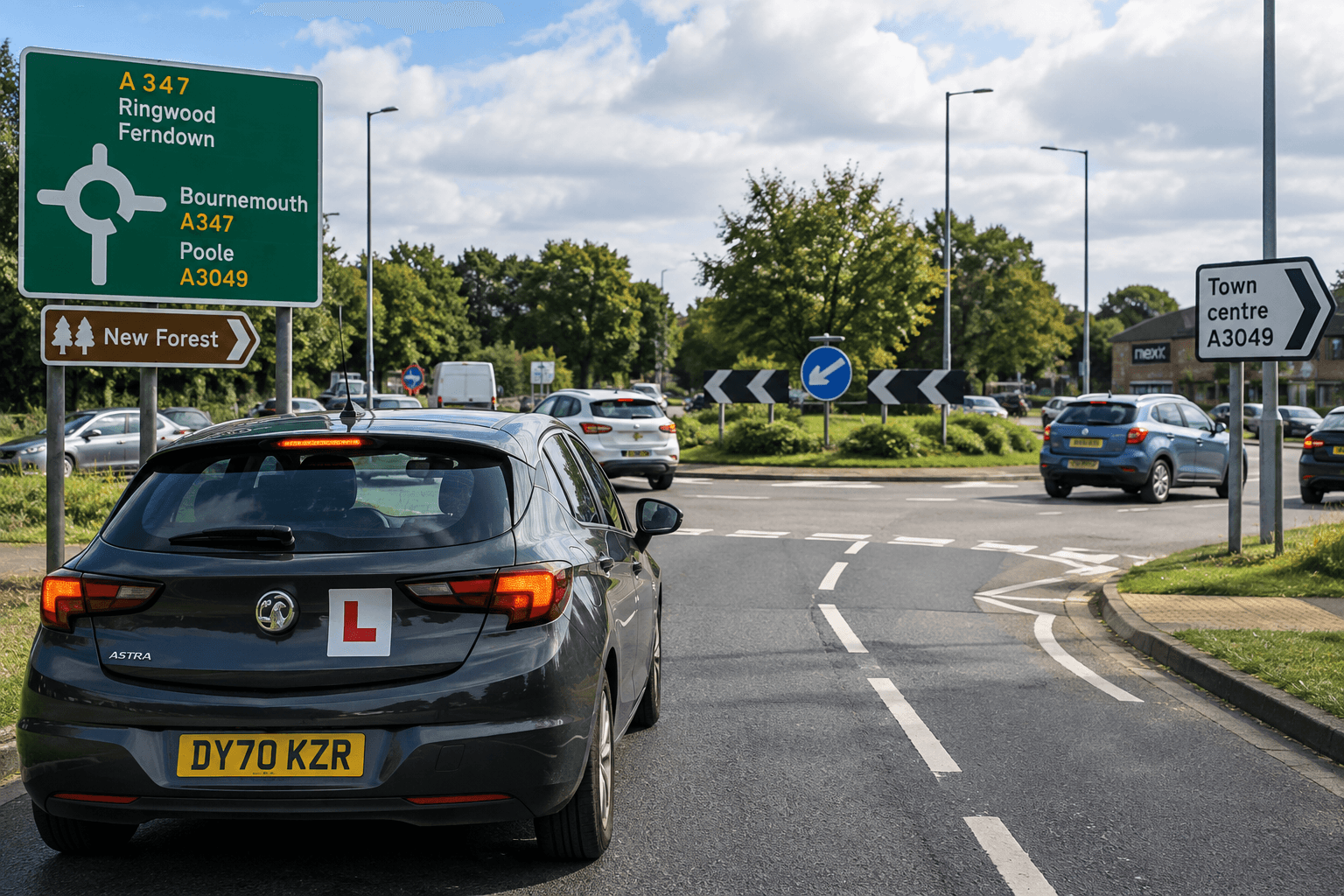 Learner driver approaching a busy UK roundabout with road signs, traffic and lane markings